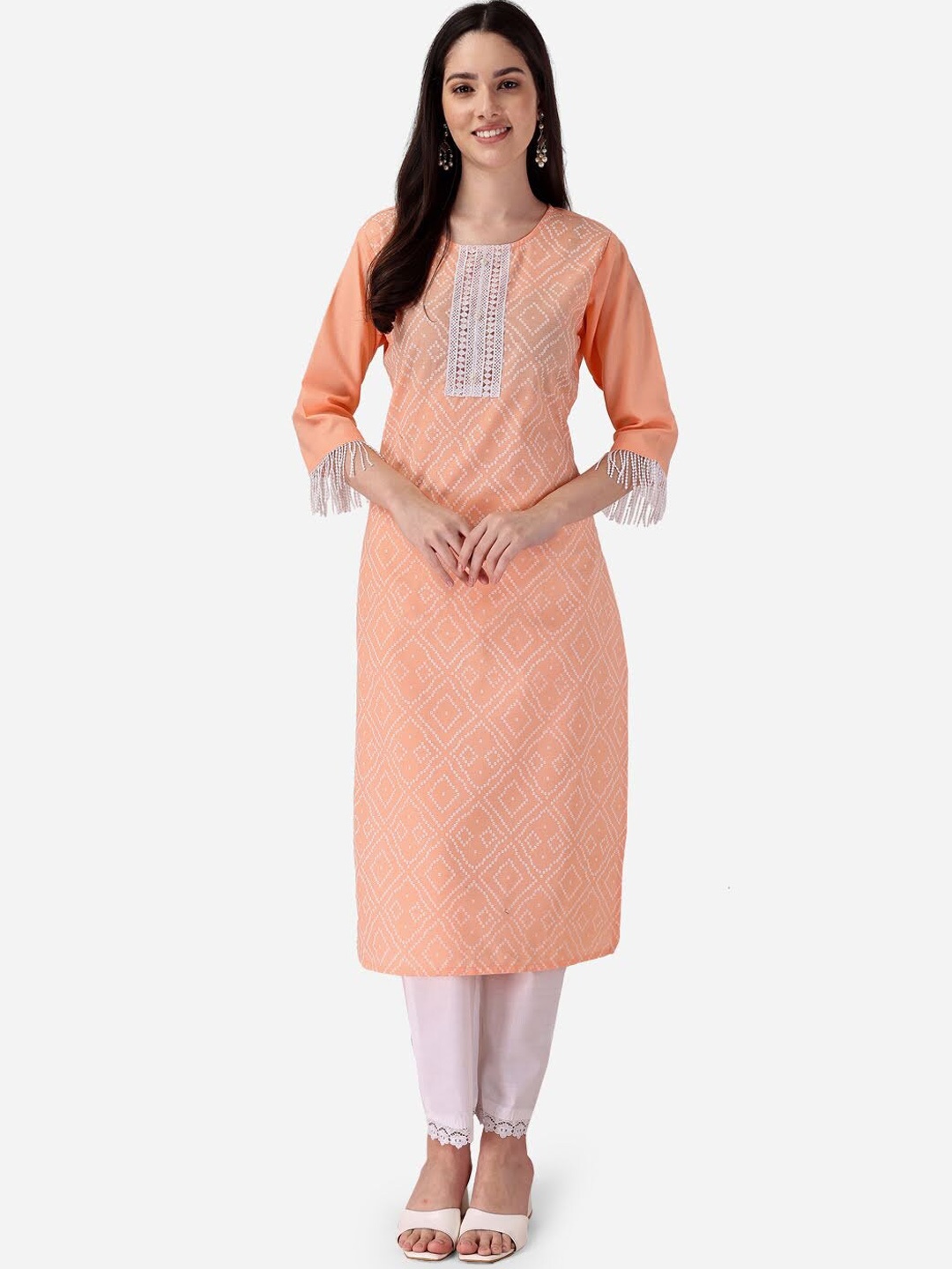 

APROZONE Bandhani Printed Straight Kurta with Trousers, Peach