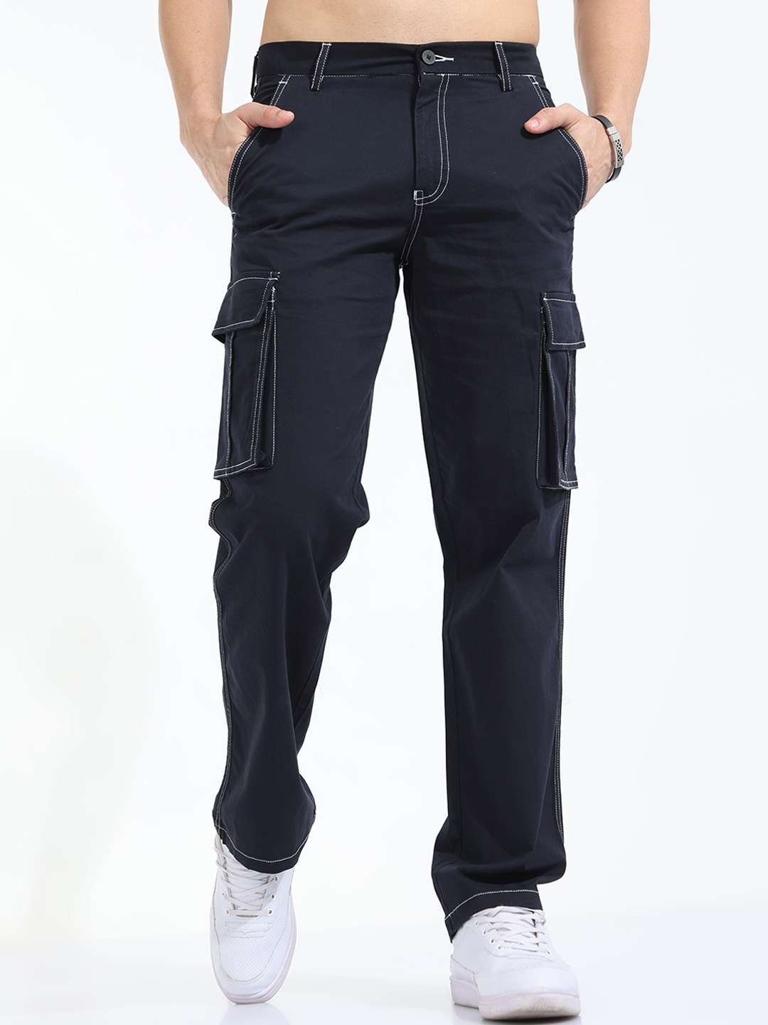 

Tailoraedge Men Mid Rise Relaxed Loose Fit Plain Cotton Cargos Trousers, Navy blue