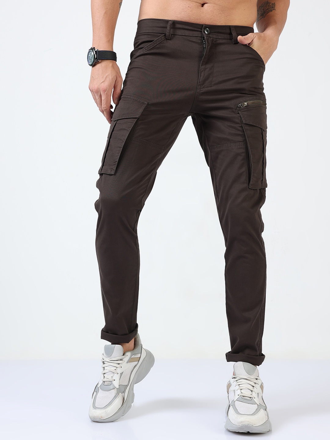 

Tailoraedge Men Mid Rise Slim Fit Cotton Cargos Trousers, Olive
