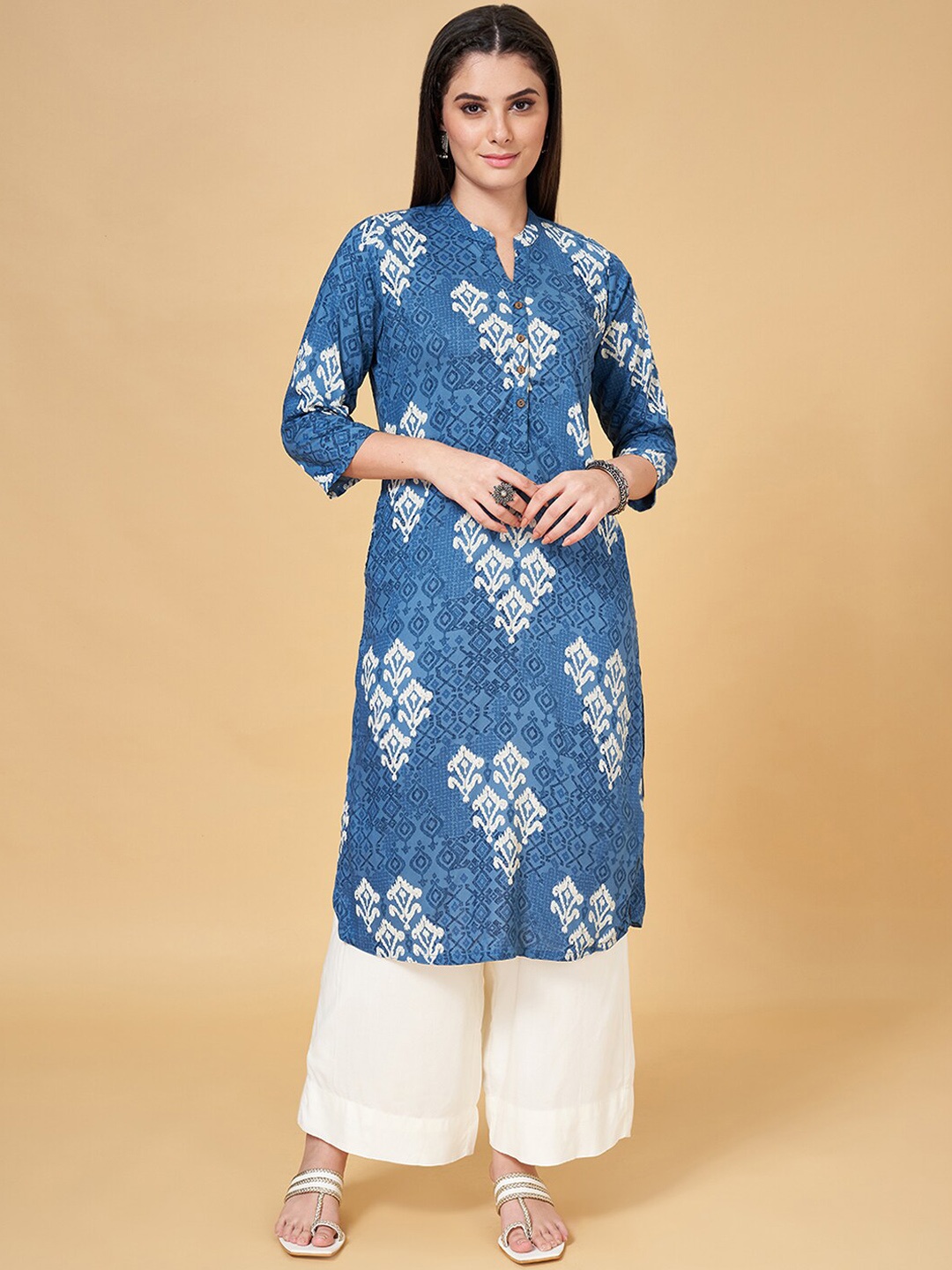 

RANGMANCH BY PANTALOONS Ethnic Motifs Printed Mandarin Collar Straight Kurta, Blue