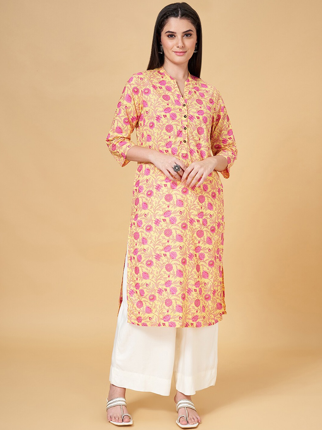 

RANGMANCH BY PANTALOONS Floral Printed Mandarin Collar Straight Kurta, Yellow