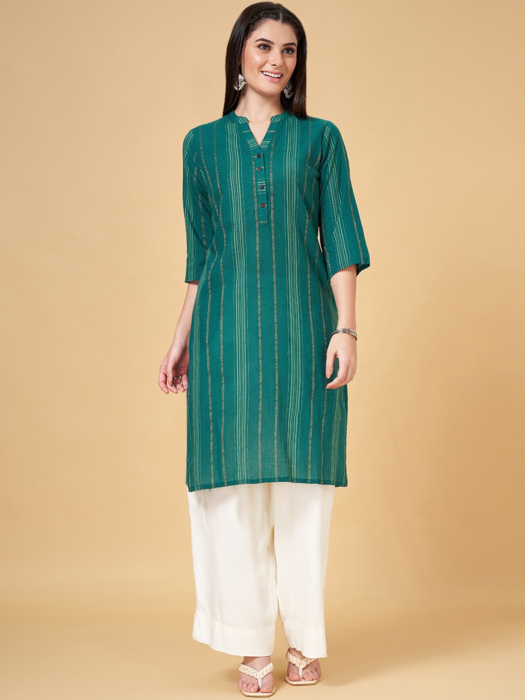 

RANGMANCH BY PANTALOONS Striped Mandarin Collar Straight Kurta, Green