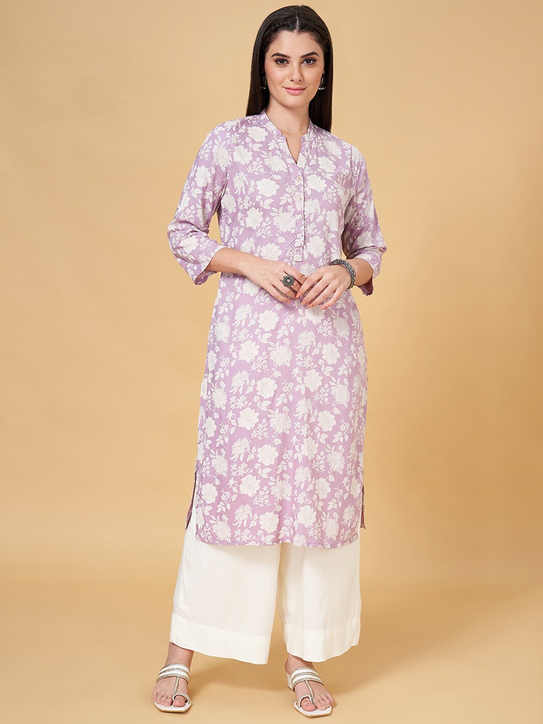 

RANGMANCH BY PANTALOONS Floral Printed Mandarin Collar Kurta, Lavender