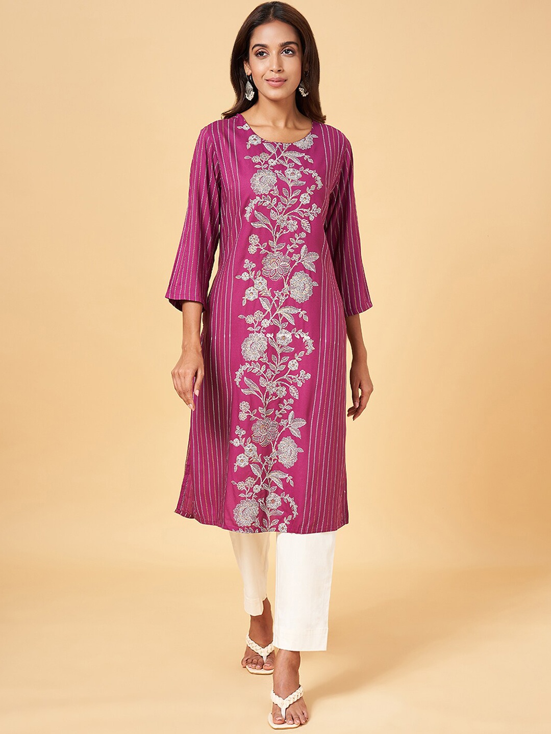 

RANGMANCH BY PANTALOONS Floral Woven Design Panelled Kurta, Purple