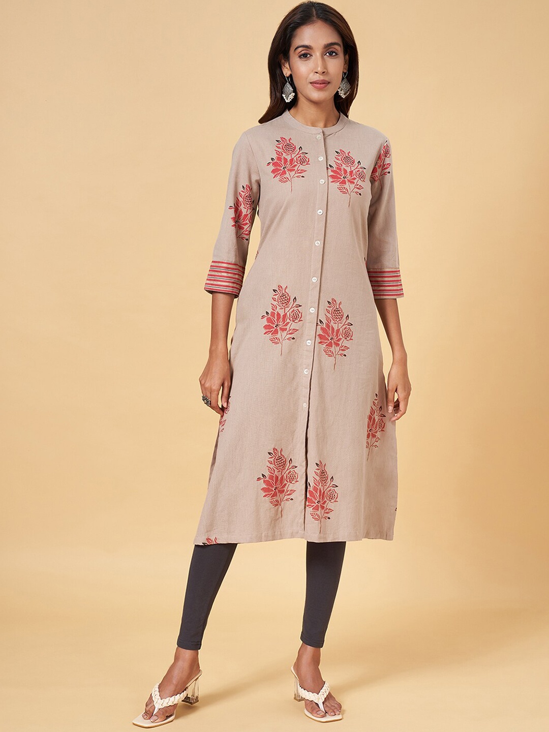 RANGMANCH BY PANTALOONS Floral Printed Panelled Cotton Kurta, Brown