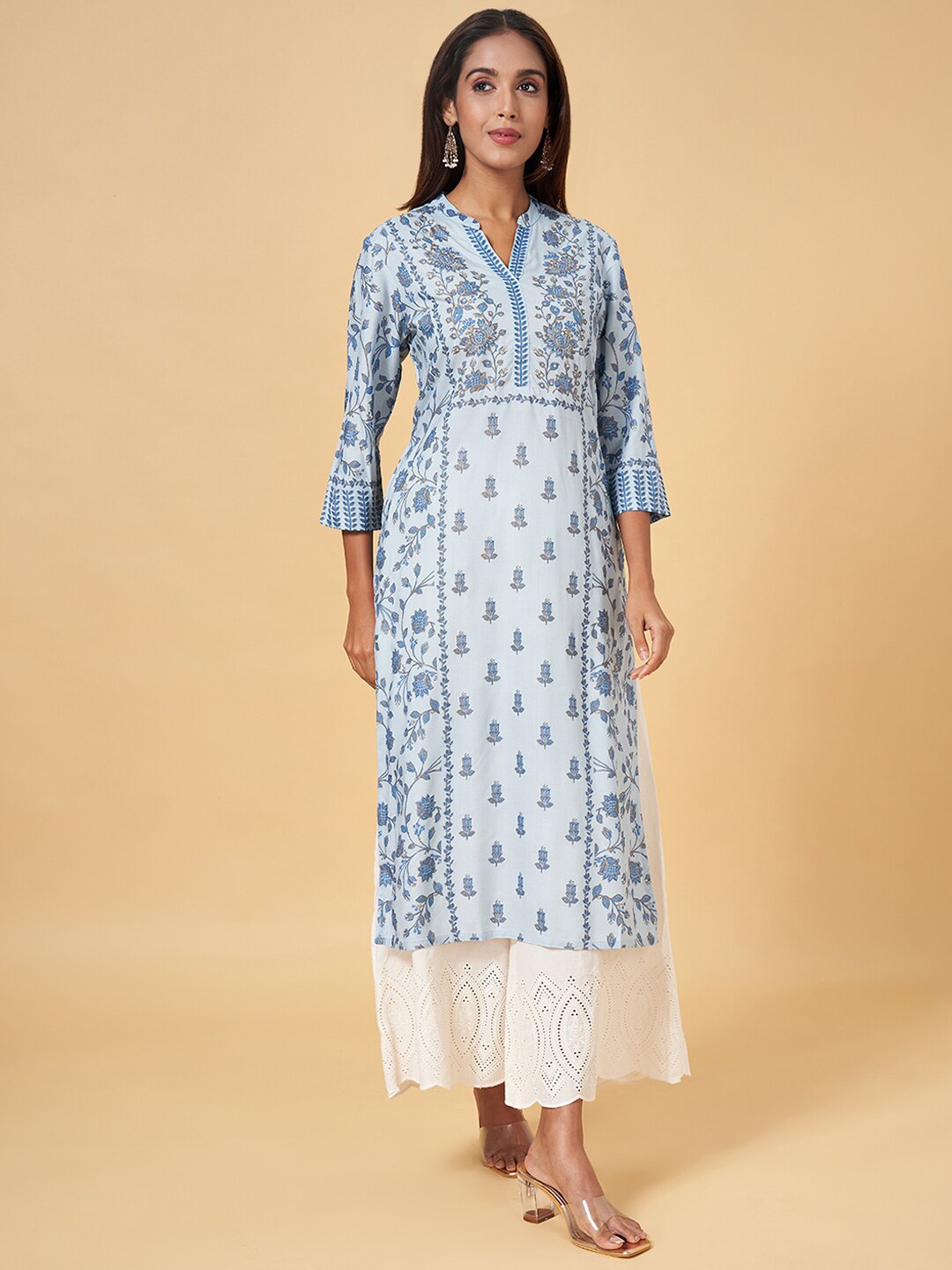 

RANGMANCH BY PANTALOONS Ethnic Motifs Printed Mandarin Collar Sequined Straight Kurta, Blue