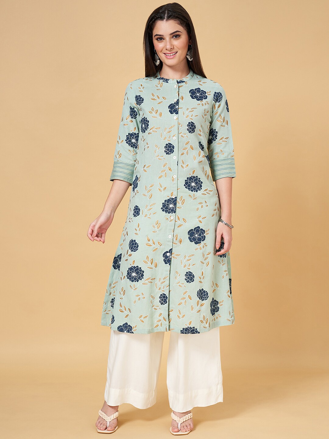 

RANGMANCH BY PANTALOONS Floral Printed Mandarin Collar Cotton Straight Kurta, Green