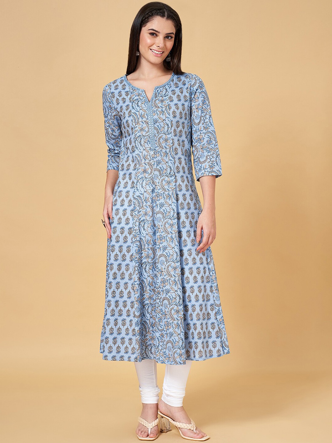 

RANGMANCH BY PANTALOONS Floral Printed Mirror Work Cotton Anarkali Kurta, Blue