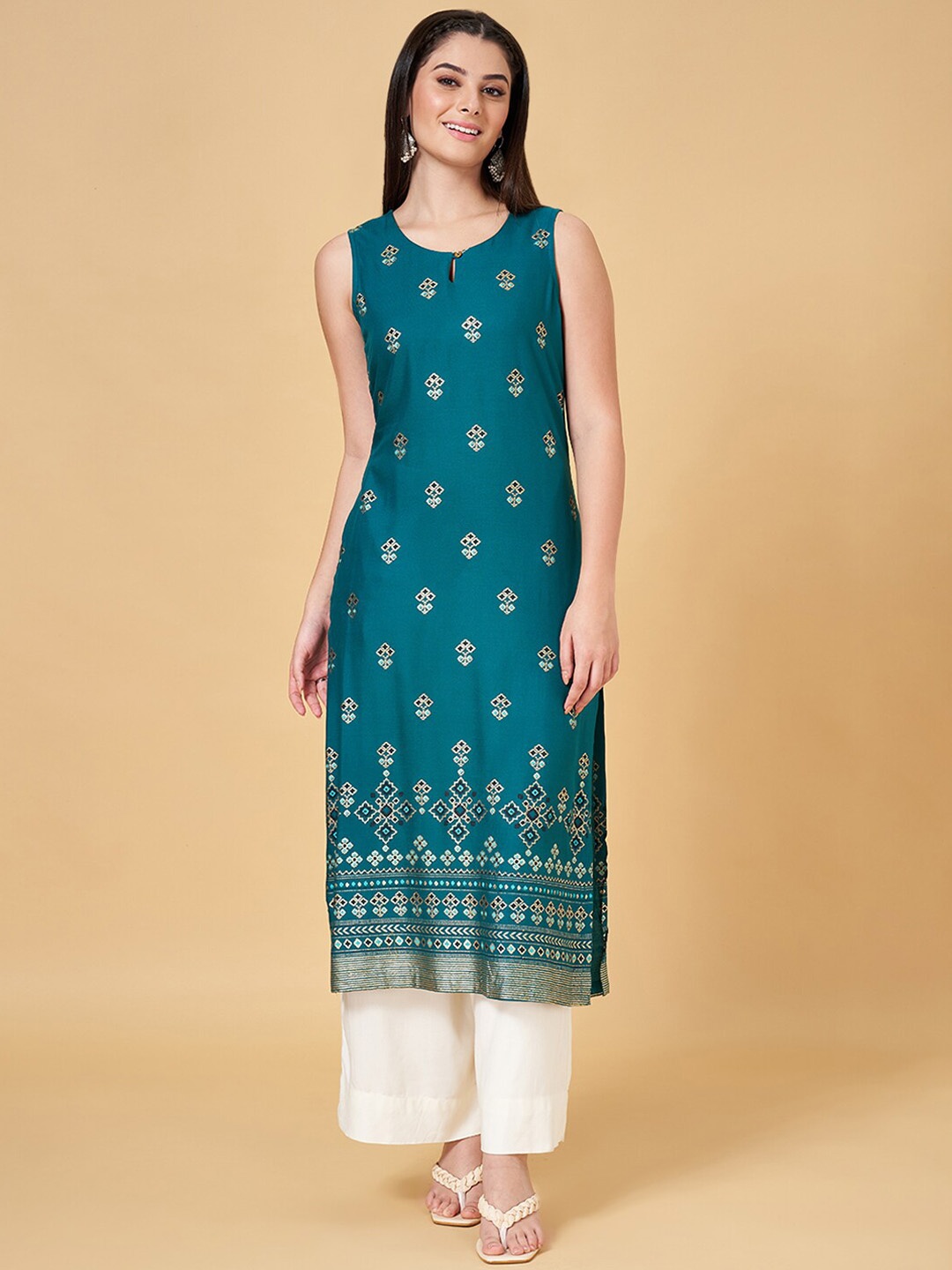 

RANGMANCH BY PANTALOONS Ethnic Motifs Foil Printed Key Hole Neck Straight Kurta, Teal