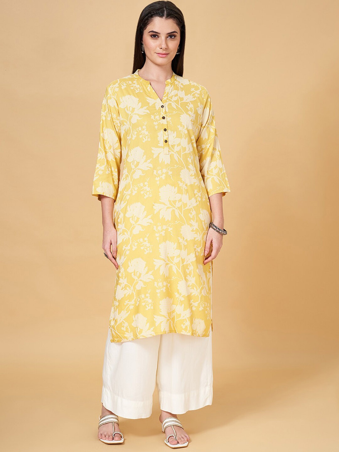 

RANGMANCH BY PANTALOONS Floral Printed Mandarin Collar Straight Kurta, Yellow