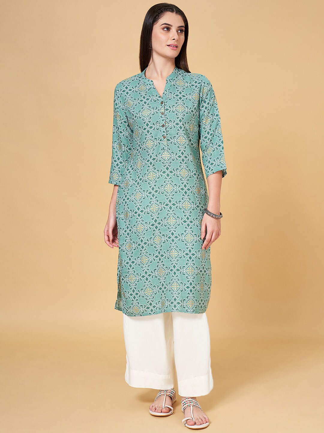 

RANGMANCH BY PANTALOONS Geometric Printed Mandarin Collar Straight Kurta, Green