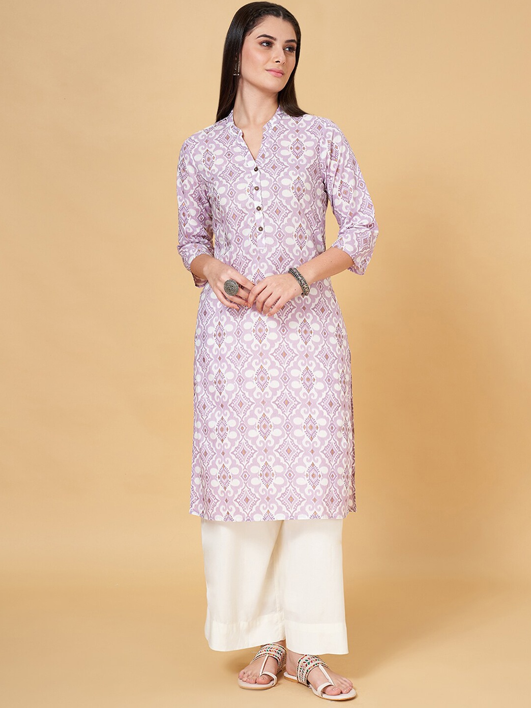 

RANGMANCH BY PANTALOONS Ethnic Printed Band Collar Straight Kurta, Lavender