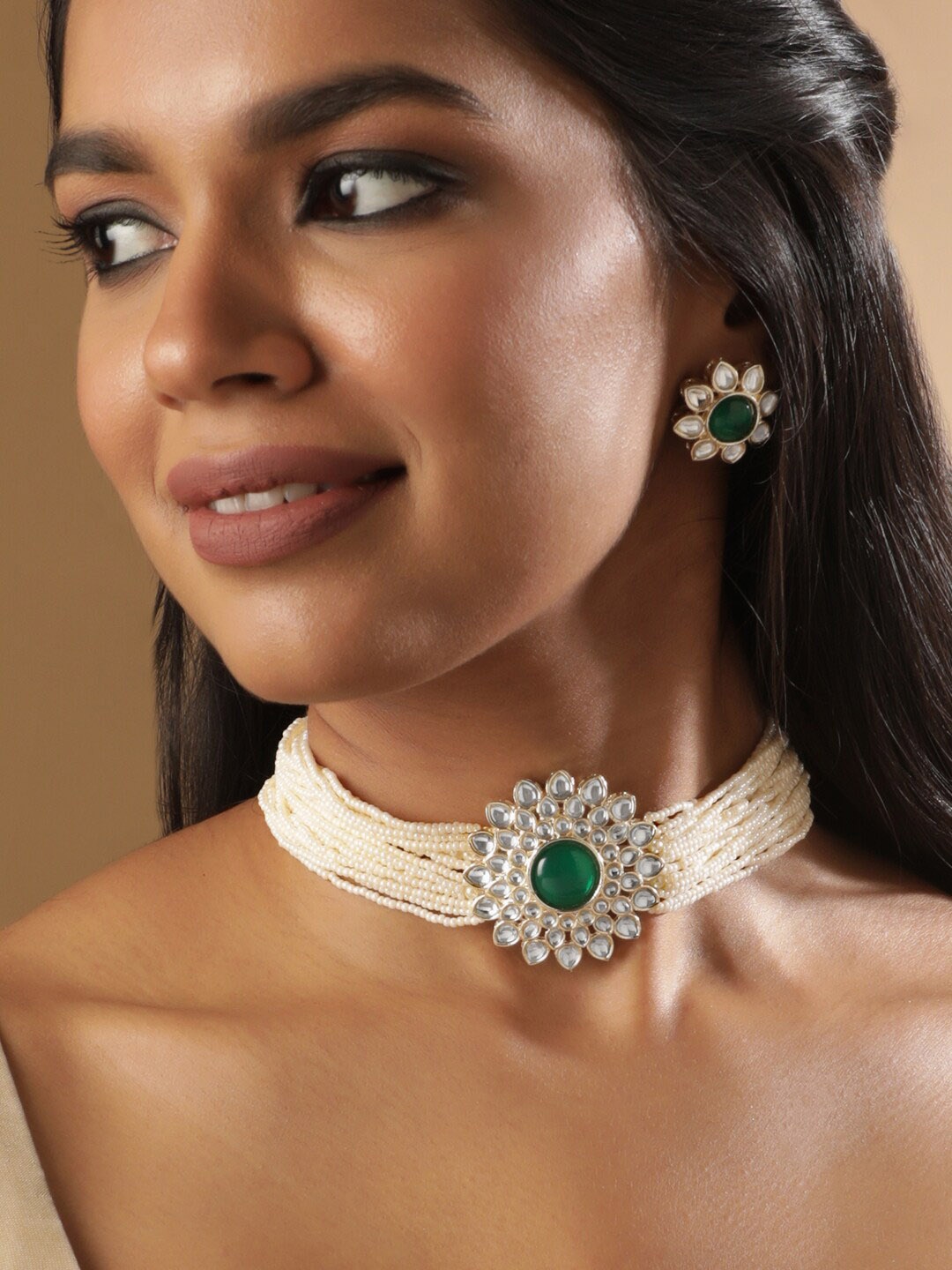 

Rubans Stone Studded & Pearls Beaded Jewellery Set, Silver