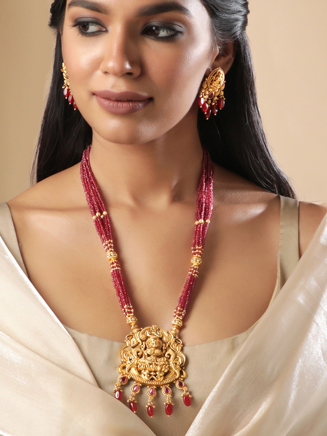 

Rubans 22K Gold-Plated Ruby Red Beaded & Goddess Lakshmi Motif Temple Necklace Set