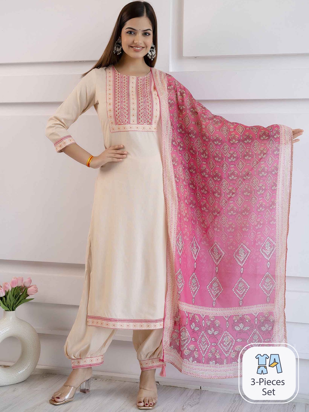 

Nehamta Round Neck Thread Work Kurta with Harem Pants & With Dupatta, Cream