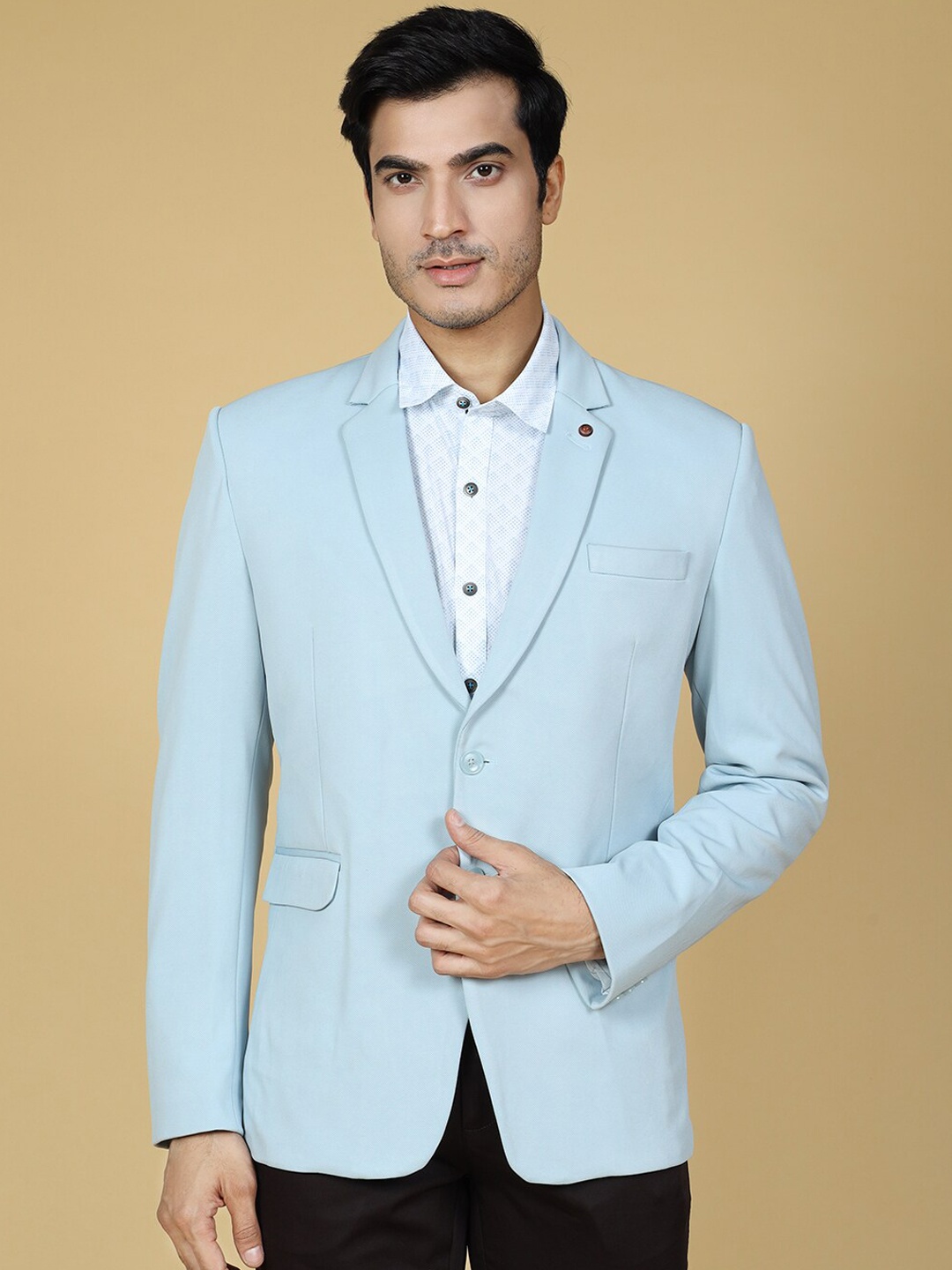 

ZEDD Notched Lapel Single-Breasted Long Sleeve Pure Cotton Casual Blazer, Blue