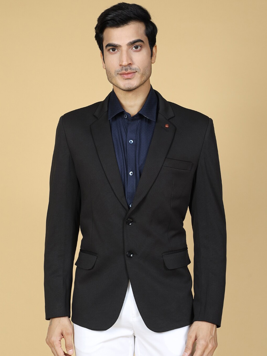 

ZEDD Notched Lapel Single-Breasted Long Sleeve Pure Cotton Casual Blazer, Black