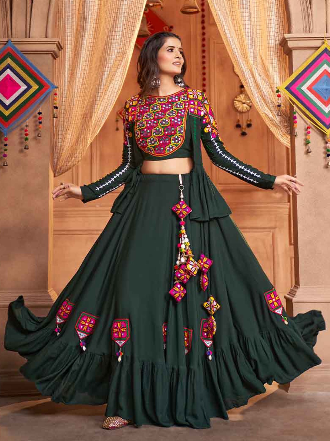 

SHUBHKALA Embroidered Mirror Work Ready to Wear Lehenga & Unstitched Blouse, Green