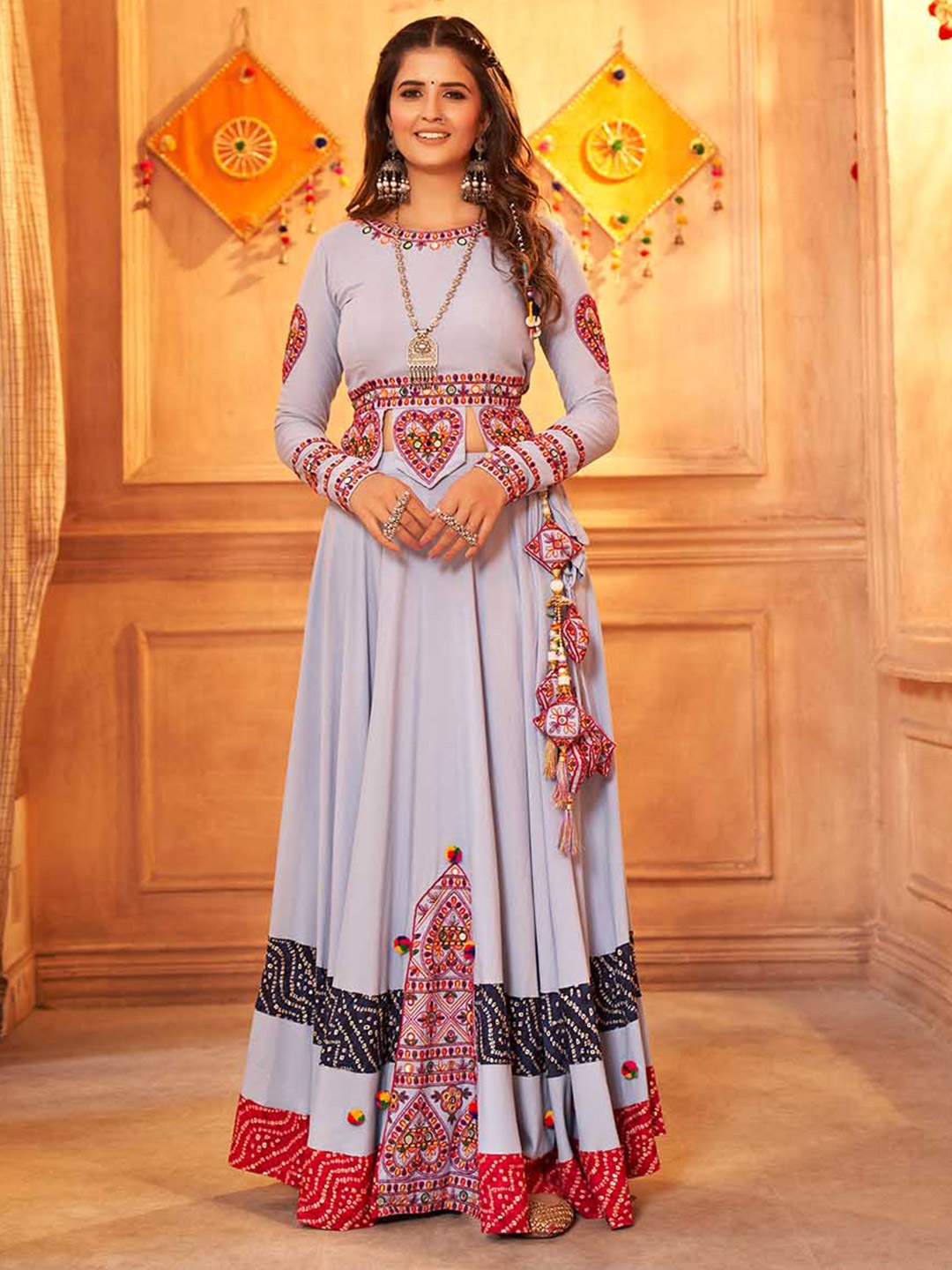 

SHUBHKALA Embroidered Mirror Work Ready To Wear Lehenga & Unstitched, Blue