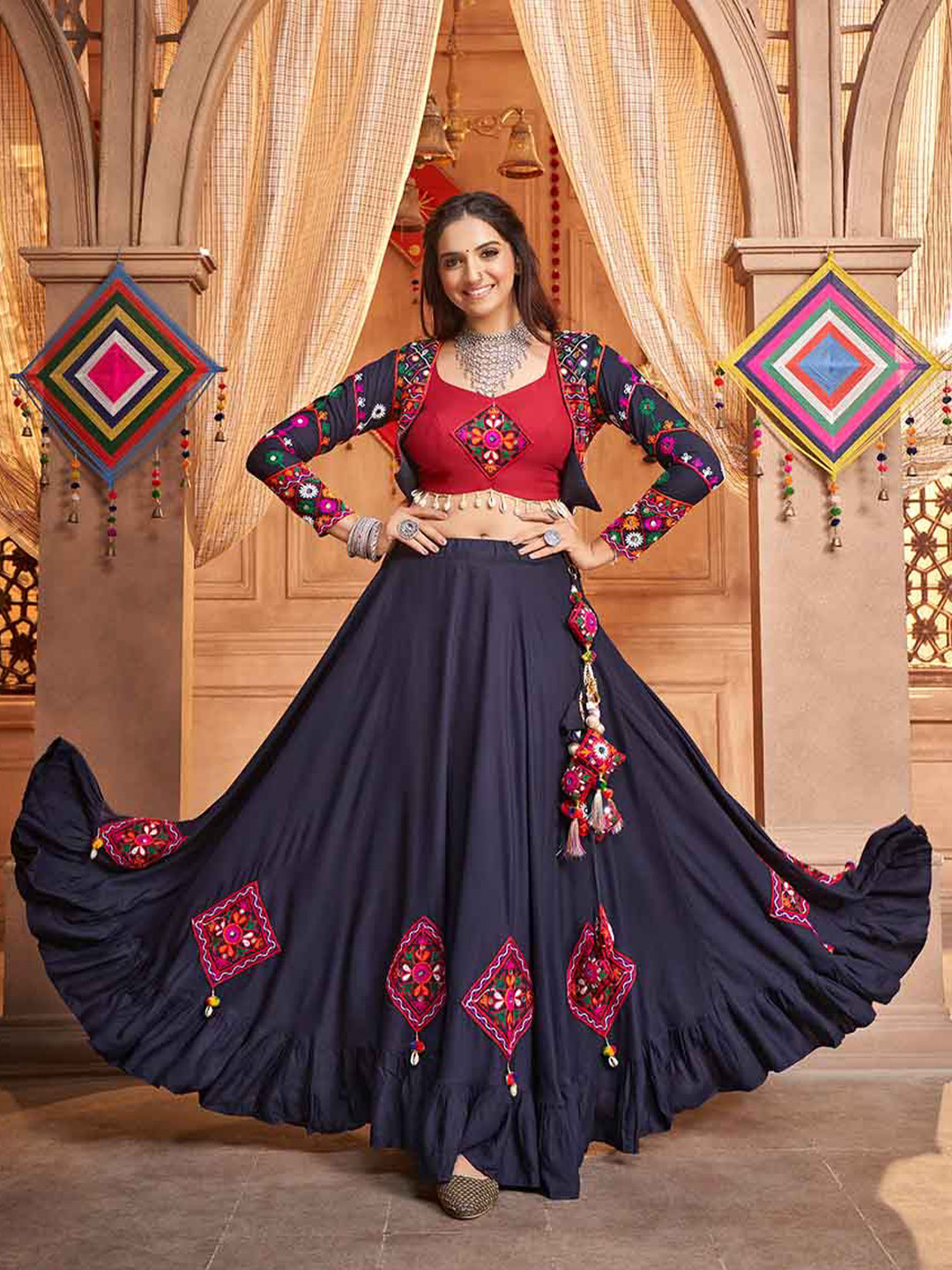 

SHUBHKALA Embroidered Thread Work Ready To Wear Lehenga & Unstitched, Navy blue