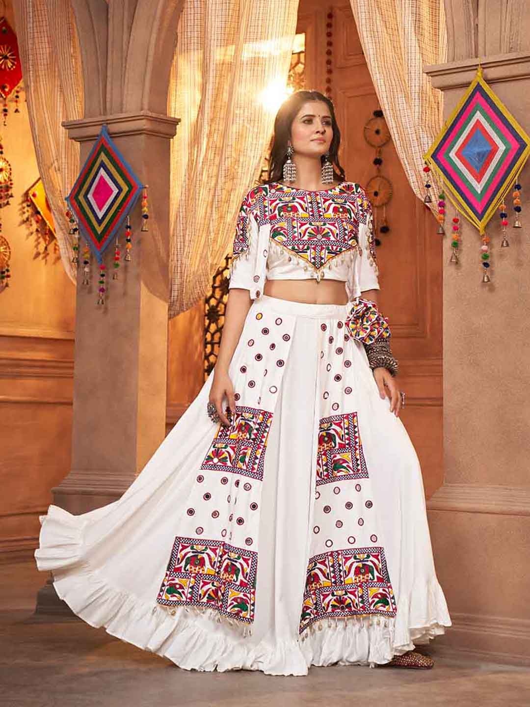 

SHUBHKALA Embroidered Mirror Work Ready to Wear Lehenga & Unstitched Blouse, White