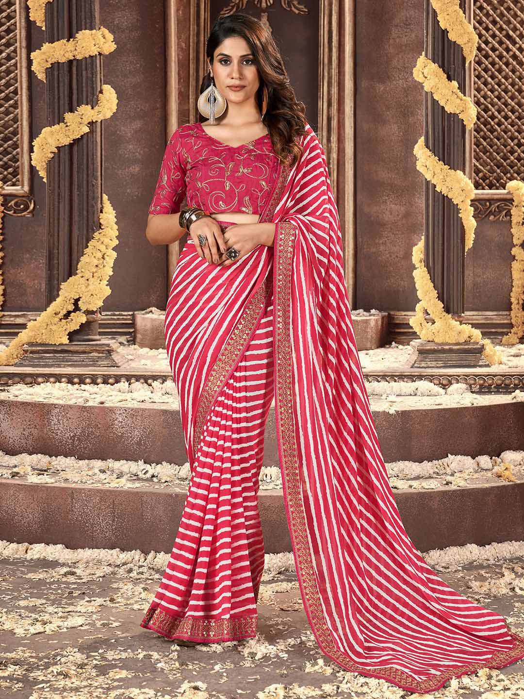 

Satrani Printed Sequinned Leheriya Saree, Pink