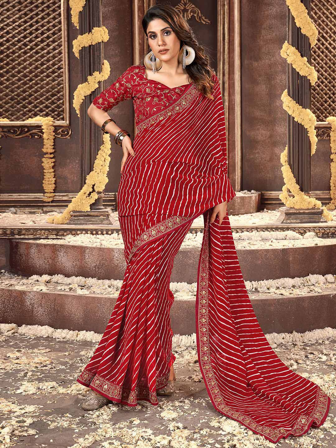 

Satrani Red & Gold-Toned Leheriya Printed Embroidered Border Saree