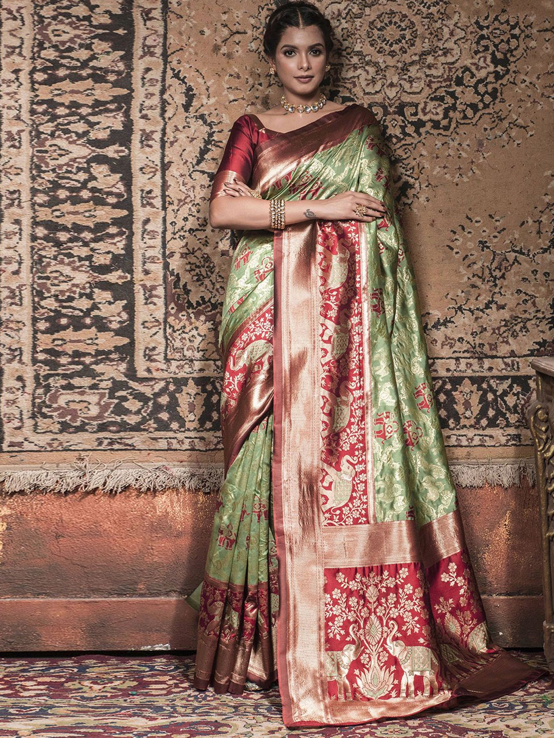 

Satrani Green & Maroon Woven Design Zari Banarasi Saree