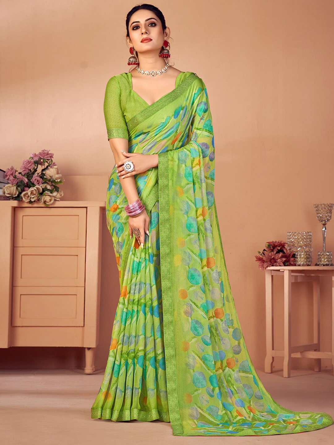 

Satrani Lime Green Floral Printed Zari Saree