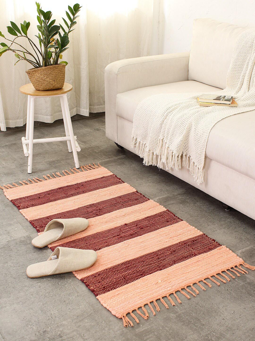 

House This Palolem Peach-Coloured & Red Striped Cotton Recycle Chindi Carpet
