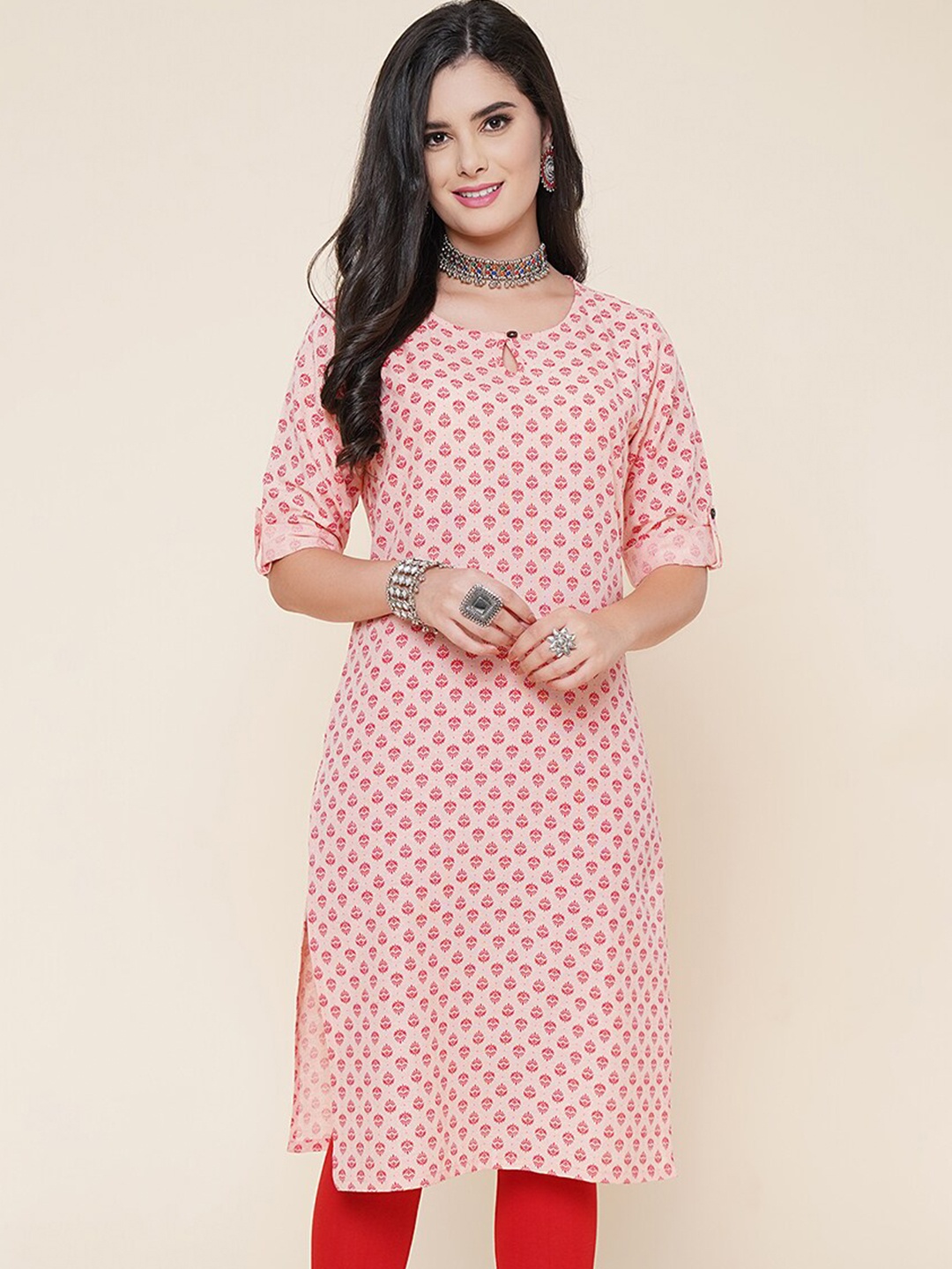 

KALINI Ethnic Motifs Printed Keyhole Neck Kurta, Pink