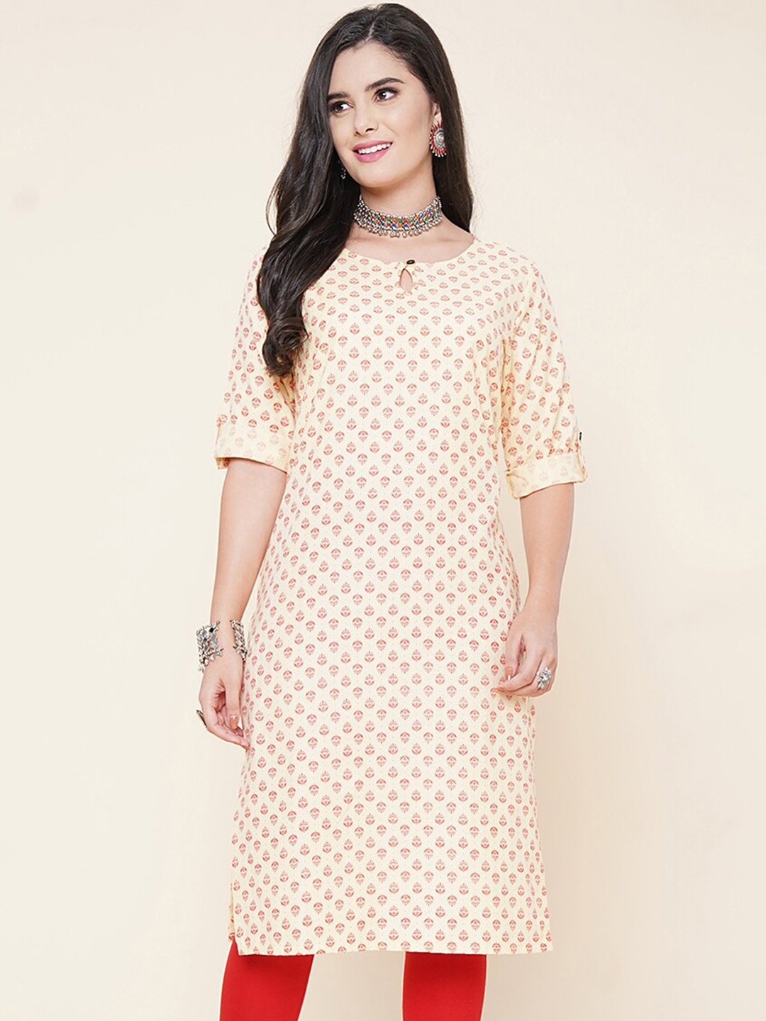 

KALINI Ethnic Motifs Printed Keyhole Neck Kurta, Yellow