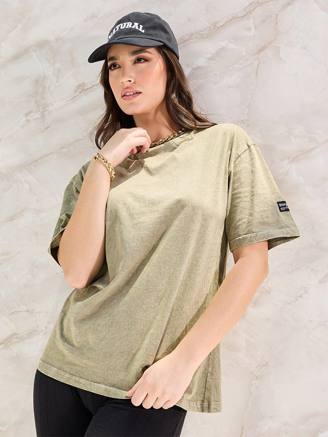 

Styli Round Neck Acid Wash Oversized Pure Cotton T-shirt, Khaki