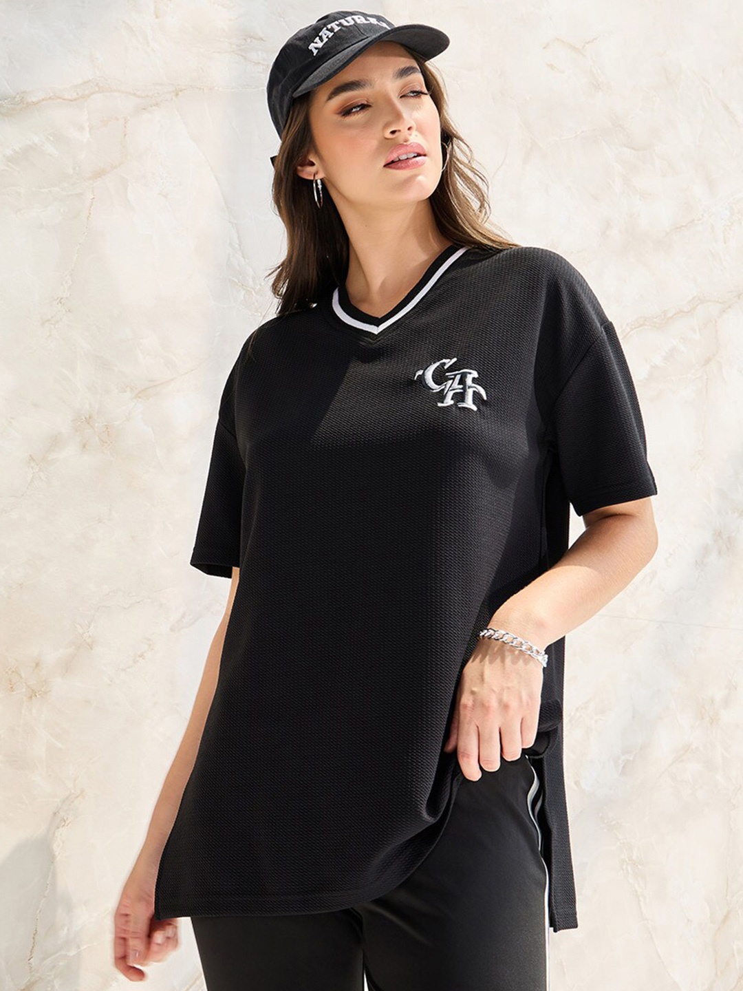 Styli Oversized Contrast Neck Rib Embroidered T-Shirt, Black