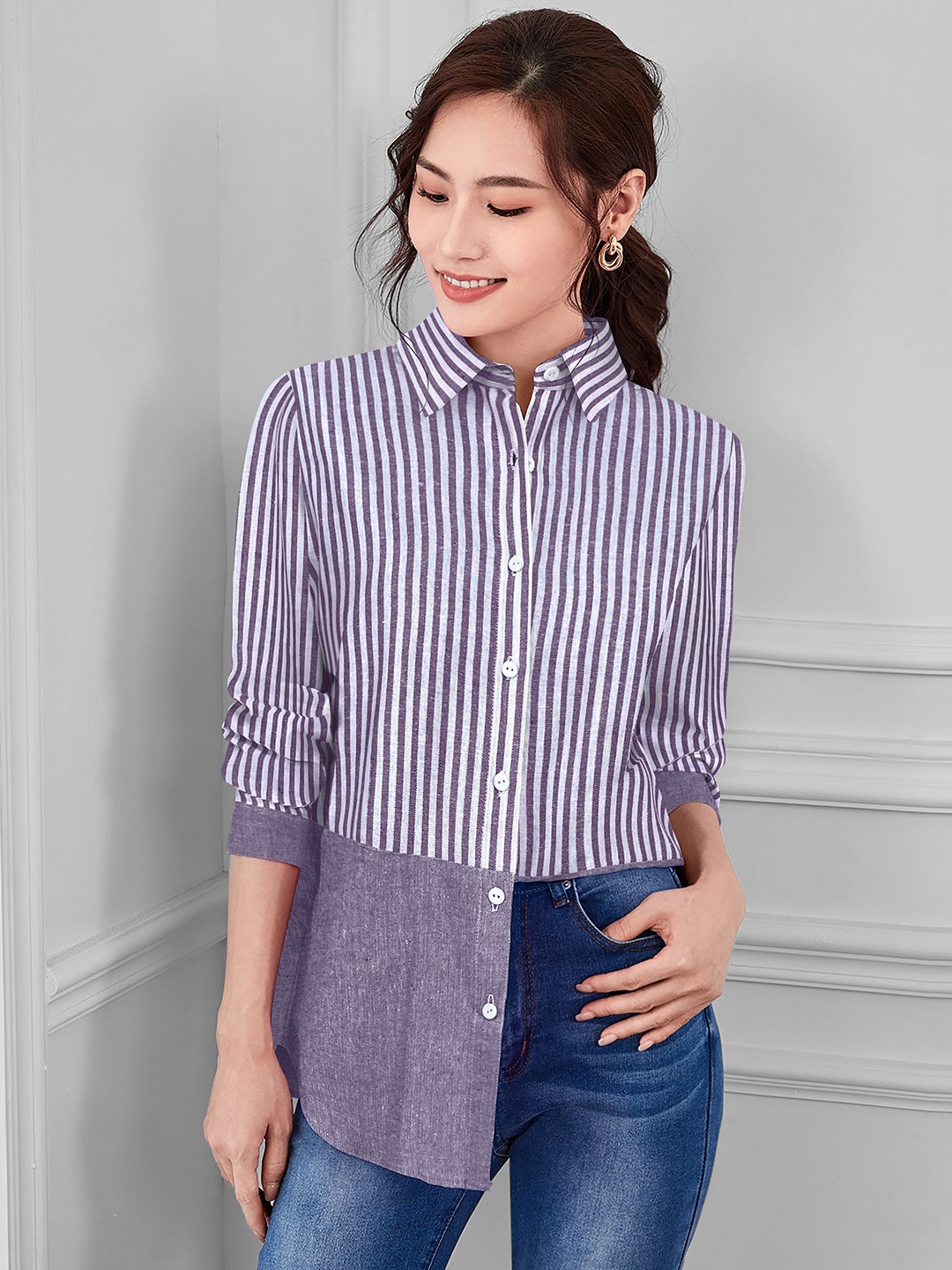 

BAESD Vertical Striped Cotton Shirt Style Top, Purple