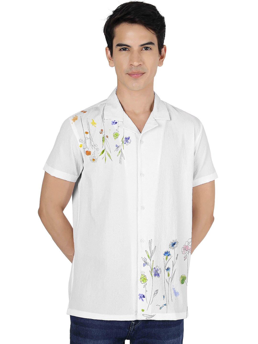 

VENISA Premium Floral Printed Casual Shirt, Off white