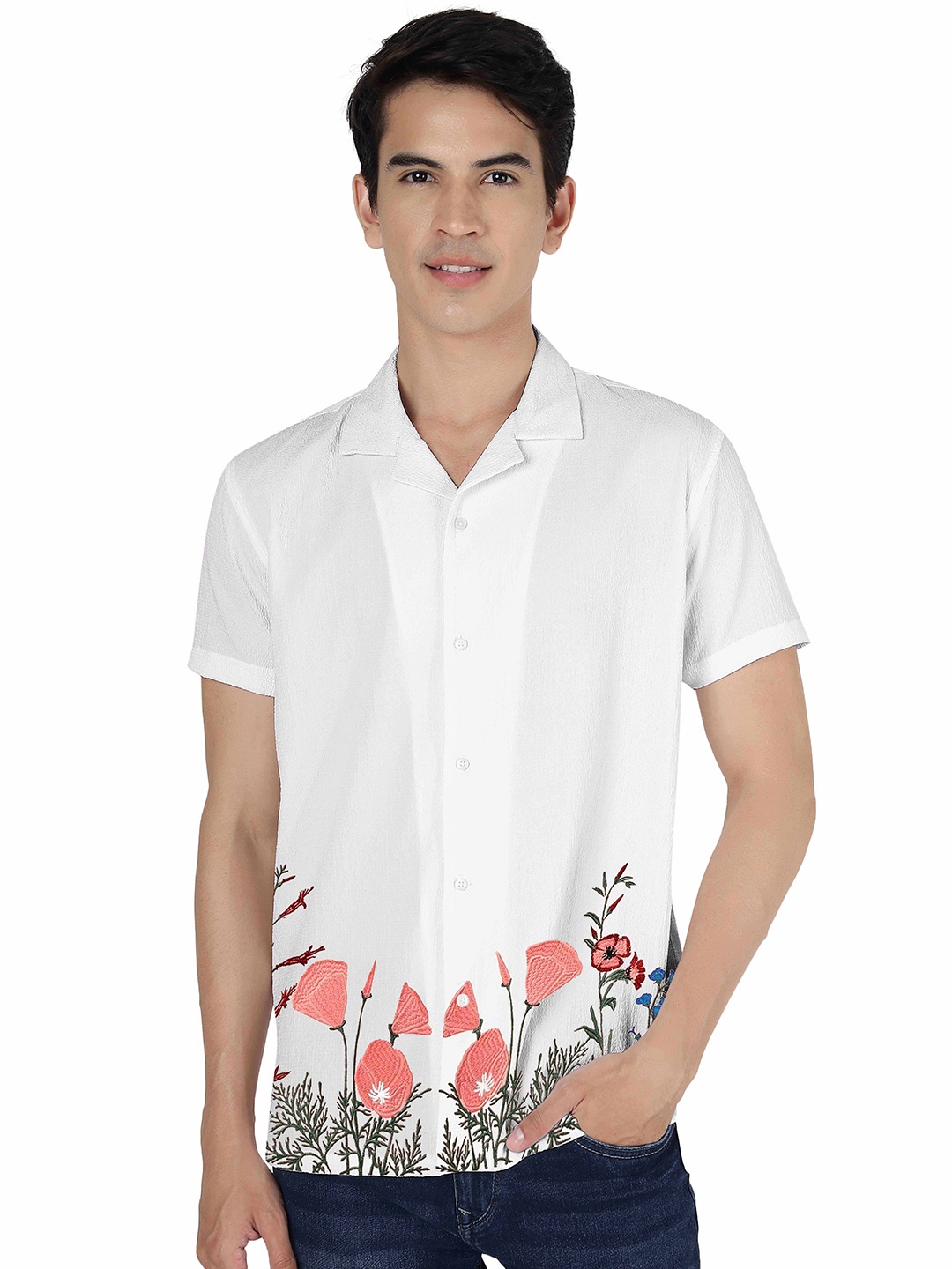 

VENISA Premium Floral Printed Casual Shirt, Off white