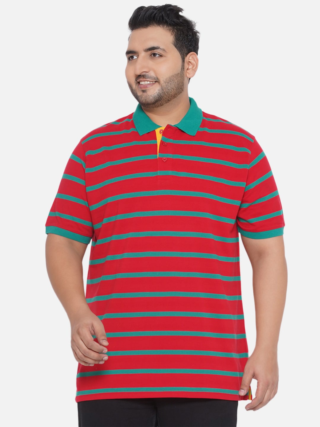 

Santonio Plus Size Striped Polo Collar Pure Cotton T-shirt, Red