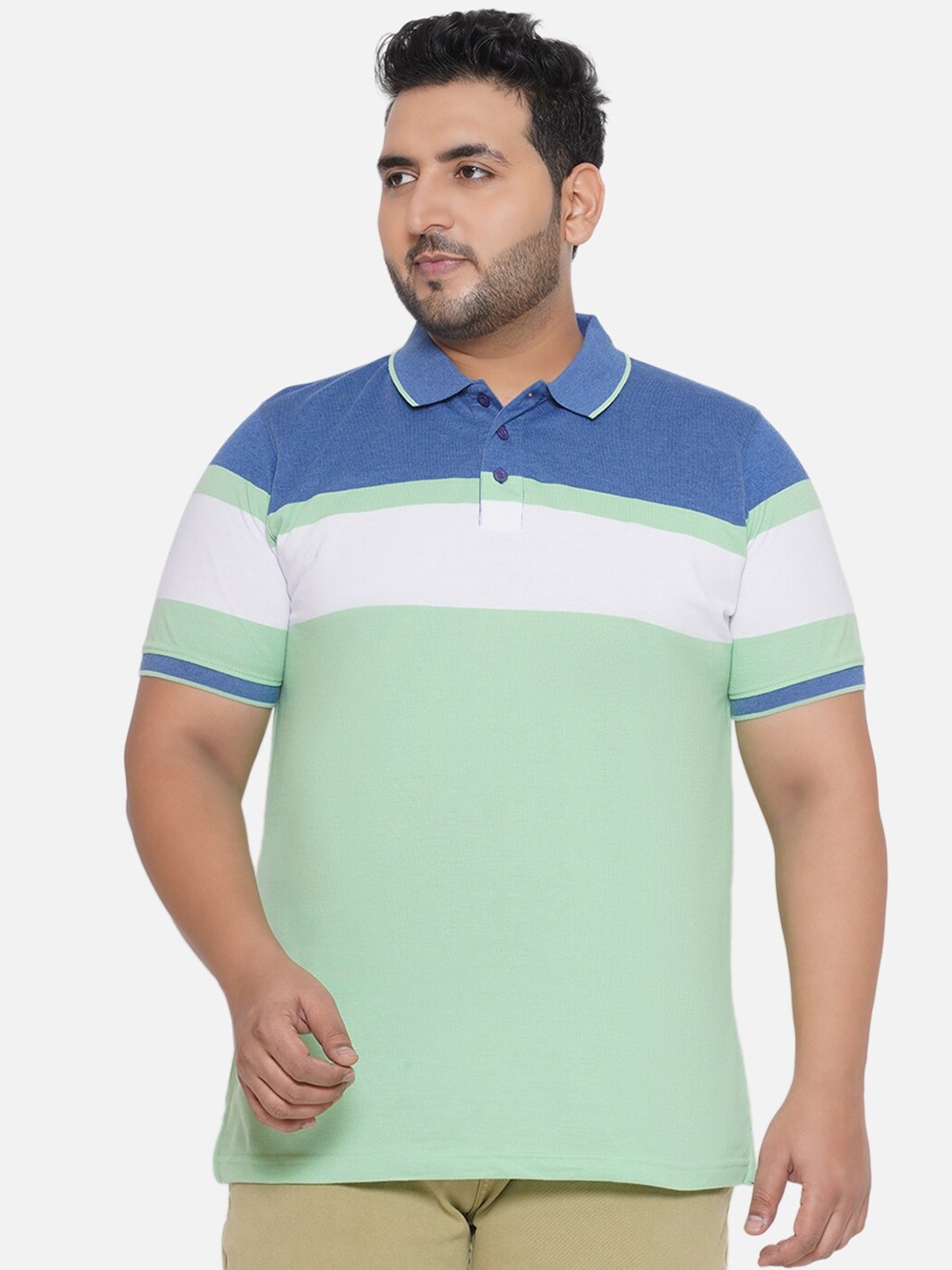 

Santonio Plus Size Striped Polo Collar Pure Cotton T-shirt, Green