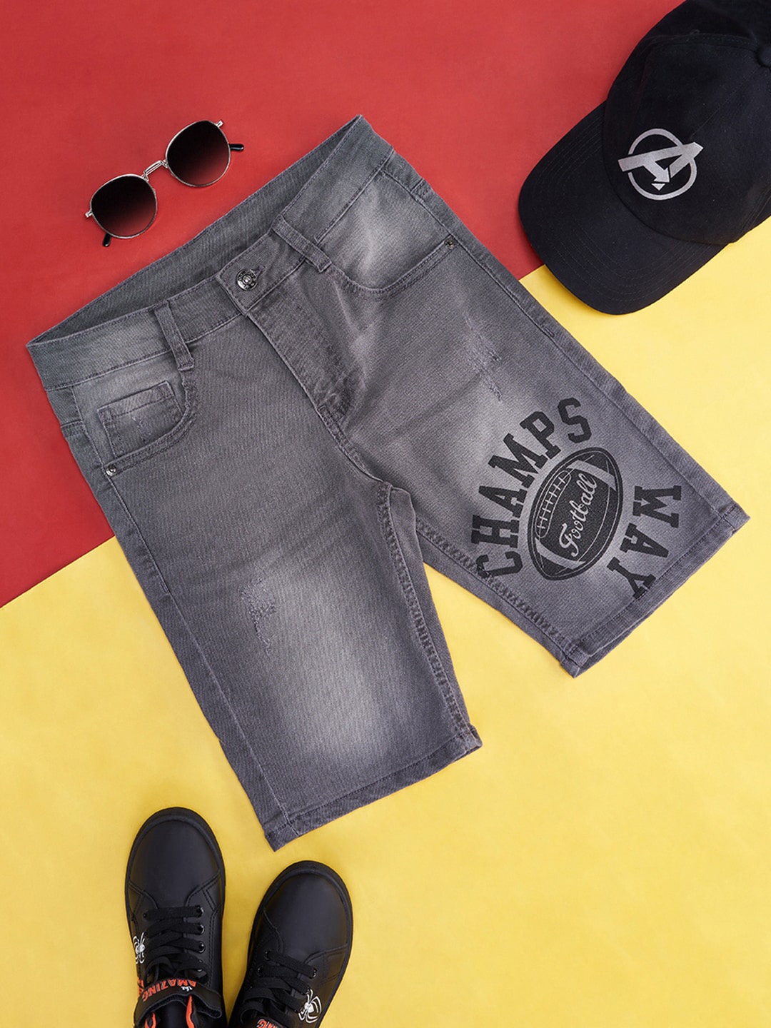

Pantaloons Junior Boys Typography Printed Mid Rise Cotton Denim Shorts, Grey
