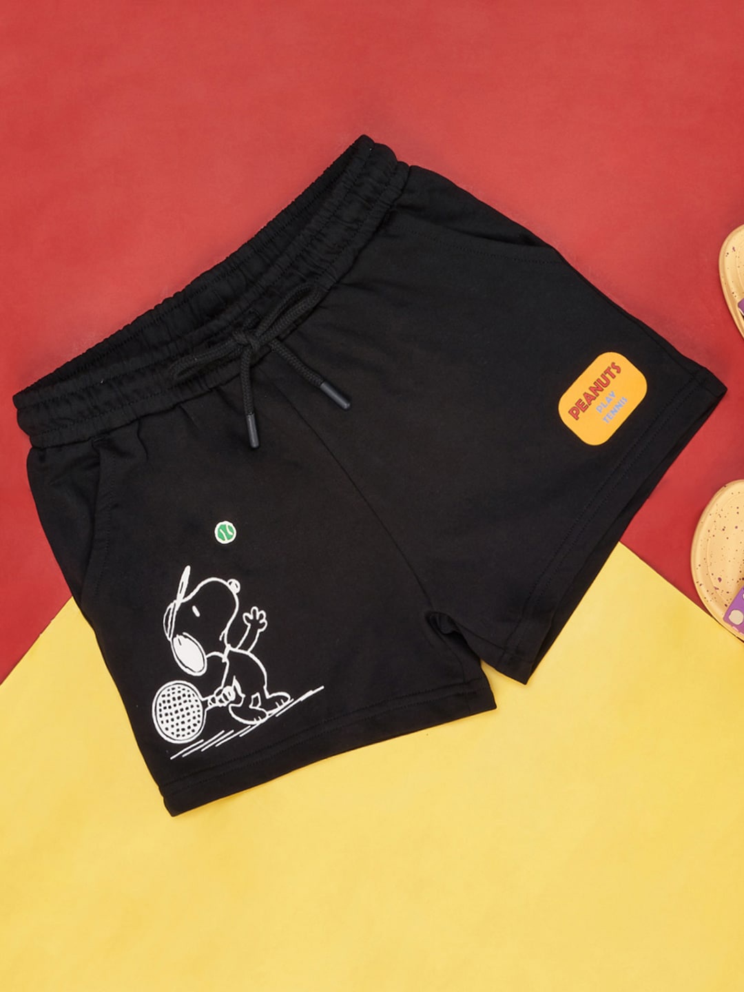 

Pantaloons Junior Girls Snoopy Printed Mid Rise Cotton Regular Shorts, Black