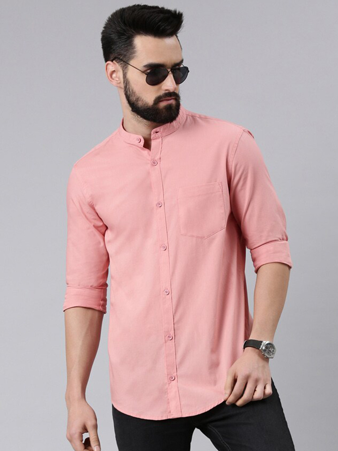 

THE SOUL PATROL Smart Slim Fit Mandarin Collar Pure Cotton Casual Shirt, Pink
