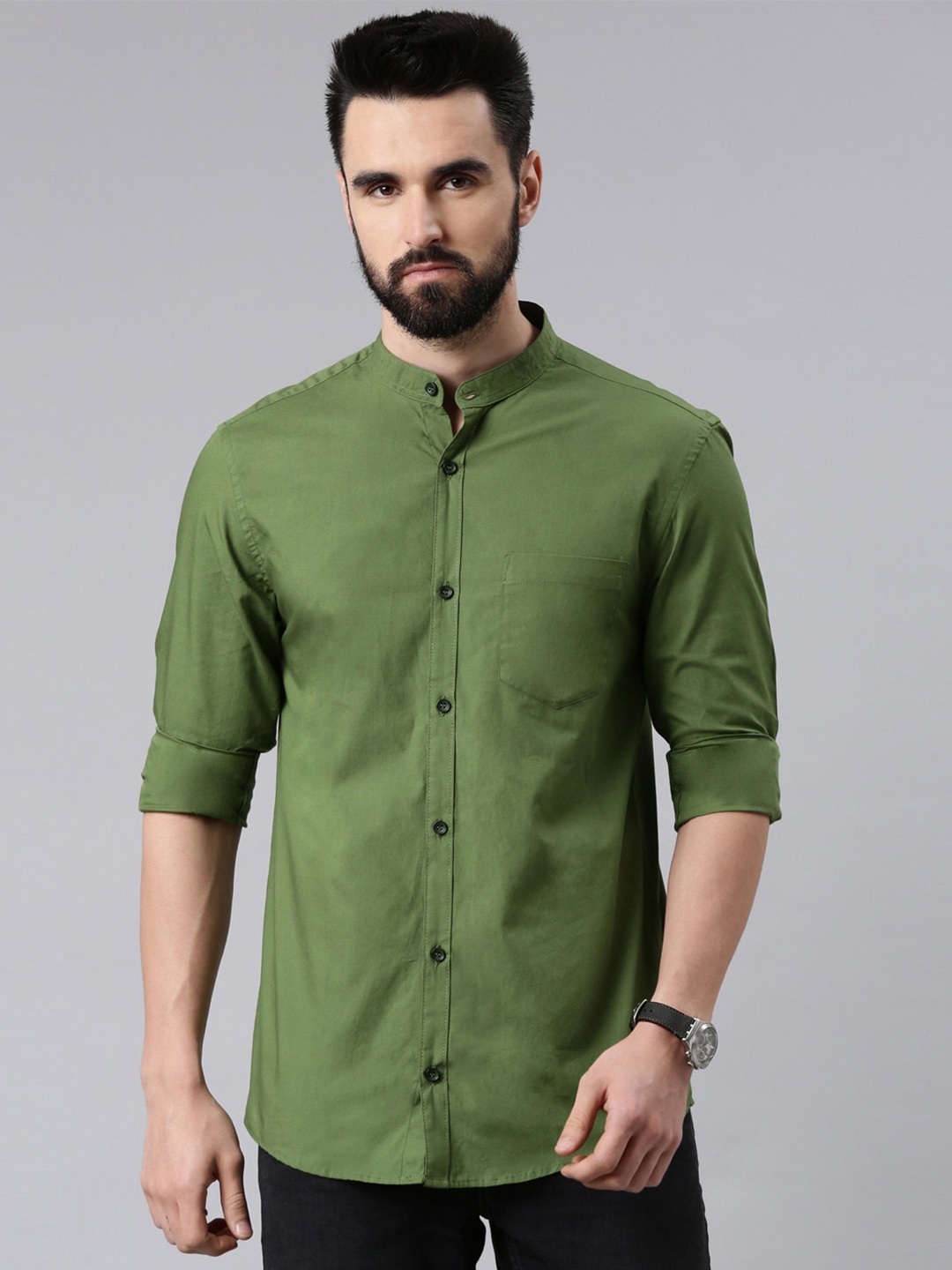 

THE SOUL PATROL Smart Slim Fit Band Collar Cotton Casual Shirt, Olive