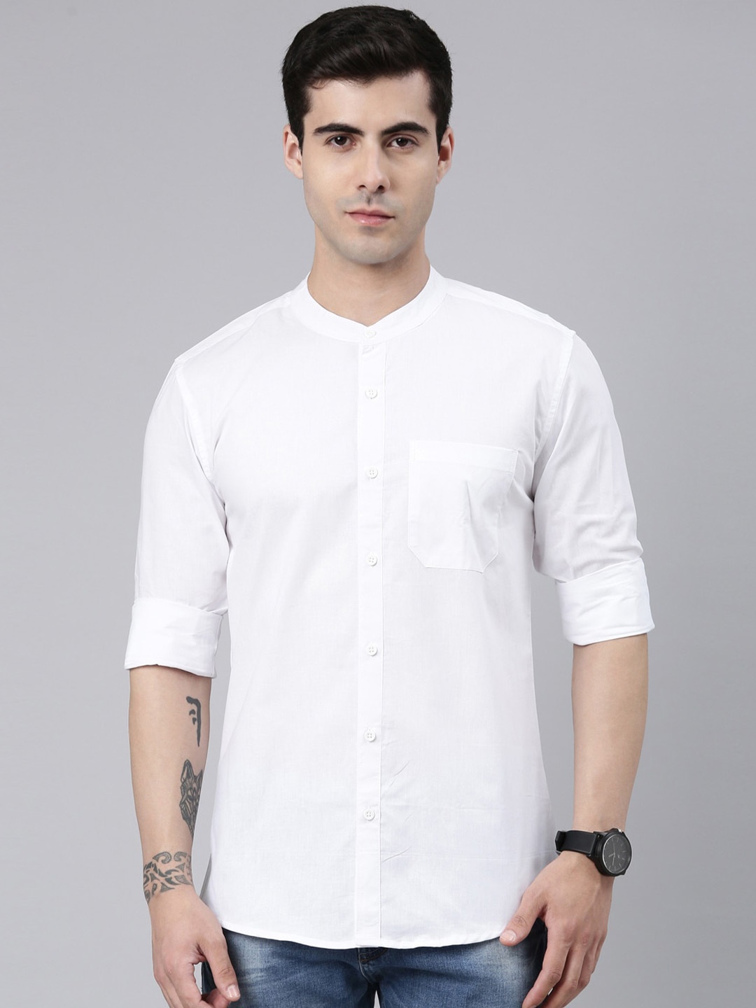 

THE SOUL PATROL Smart Slim Fit Band Collar Cotton Casual Shirt, White