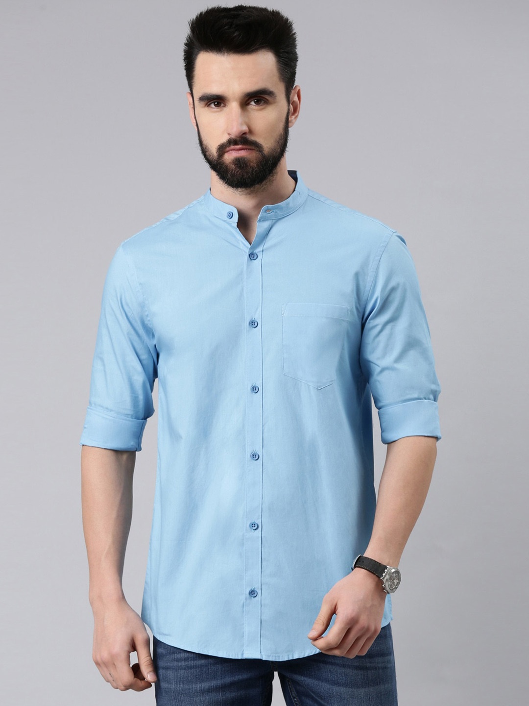 

THE SOUL PATROL Smart Slim Fit Band Collar Cotton Casual Shirt, Blue