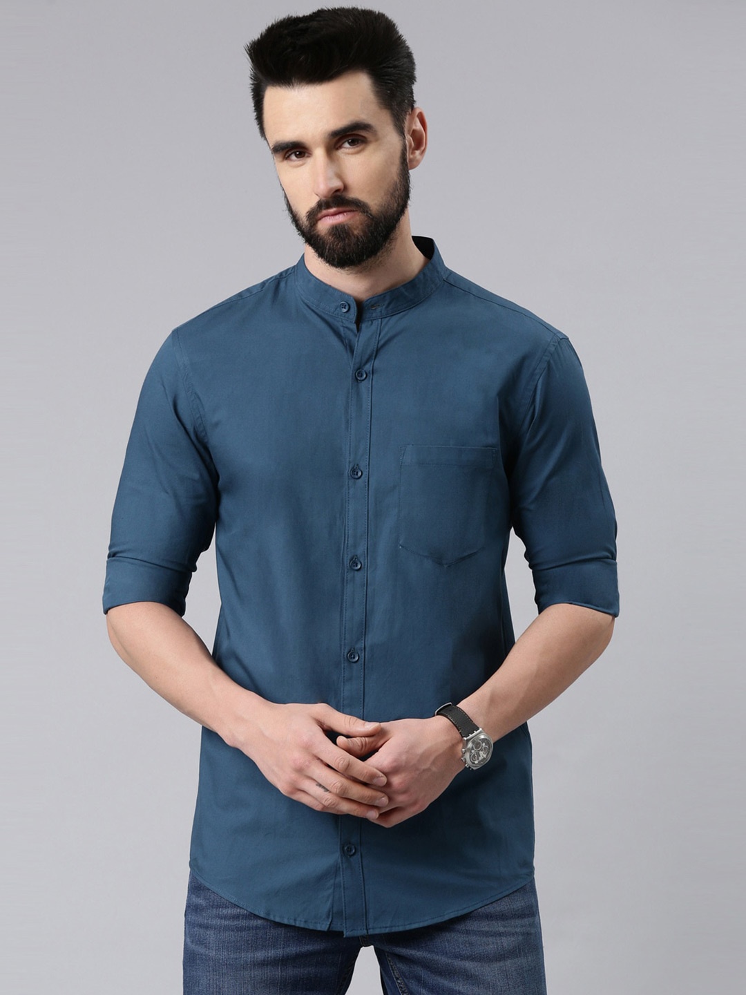 

THE SOUL PATROL Smart Slim Fit Band Collar Cotton Casual Shirt, Teal