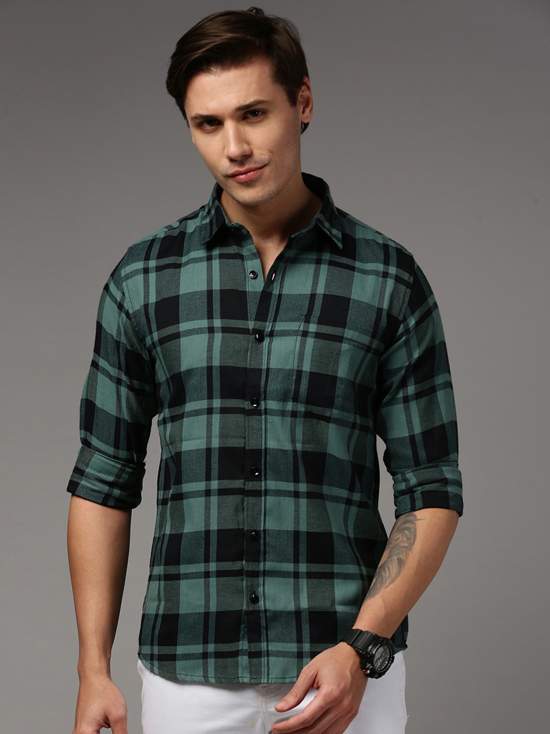 

THE SOUL PATROL Smart Slim Fit Tartan Checked Pure Cotton Casual Shirt, Green