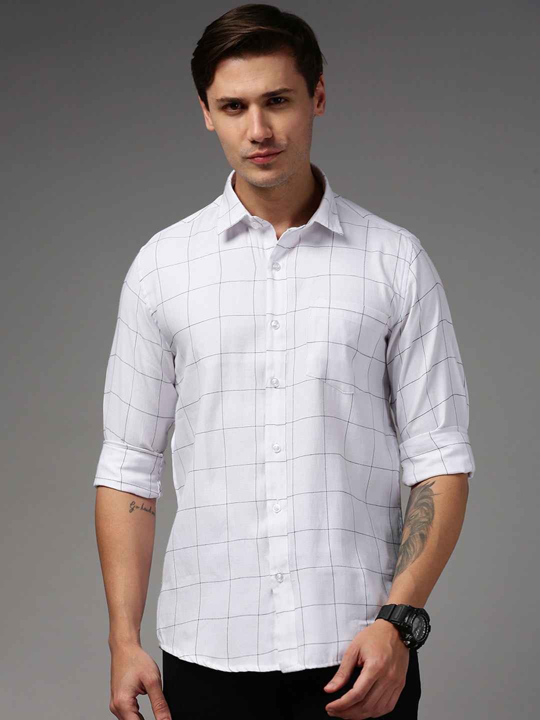 

THE SOUL PATROL Smart Slim Fit Windowpane Checked Pure Cotton Casual Shirt, White
