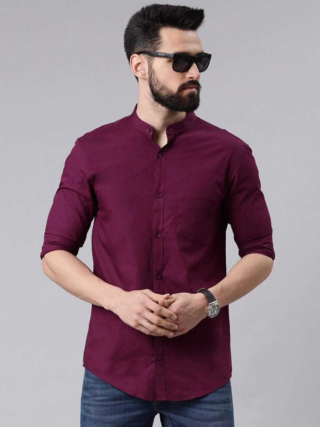 

THE SOUL PATROL Band Collar Smart Slim Fit Pure Cotton Casual Shirt, Burgundy