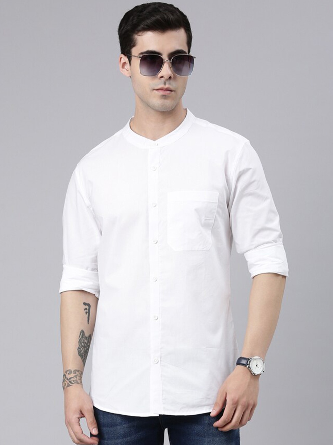 

THE SOUL PATROL Band Collar Smart Slim Fit Pure Cotton Casual Shirt, White